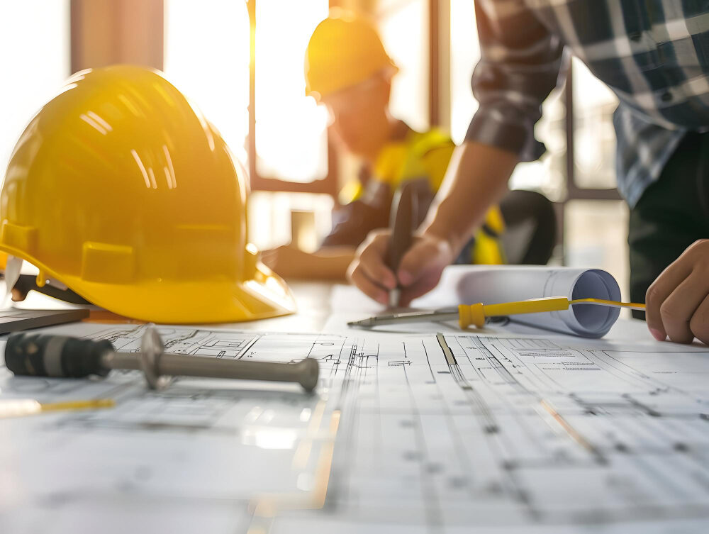 Capacete de segurança sobre projetos técnicos