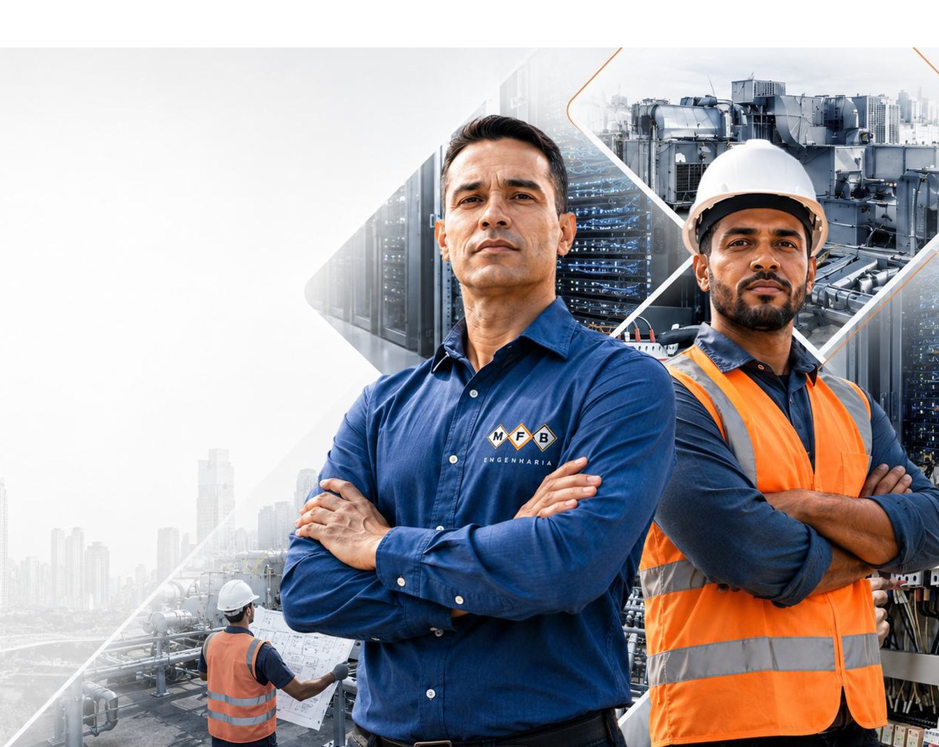 Engenheiros da MFB com capacete e colete em frente a uma instalação técnica